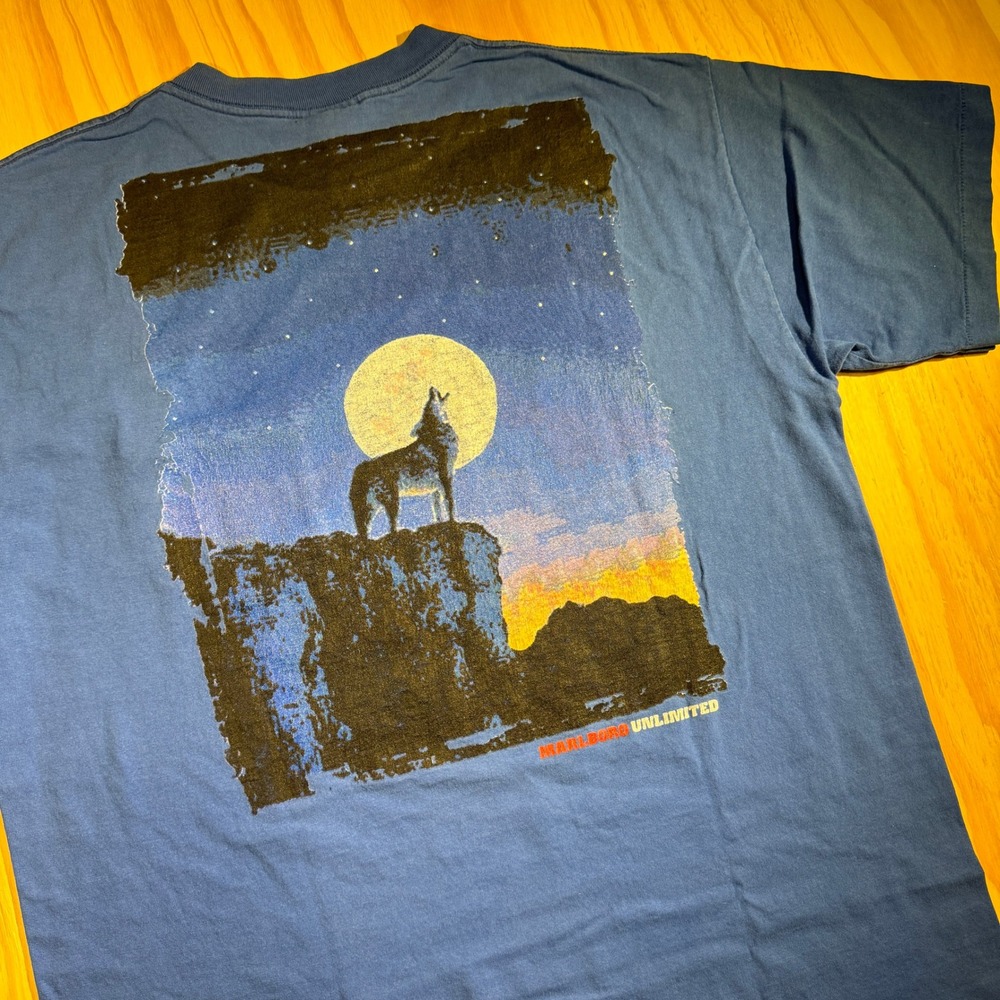 Marlboro Unlimited Men's Vintage Wolf Graphic Pocket T-Shirt Blue 90s Size XL